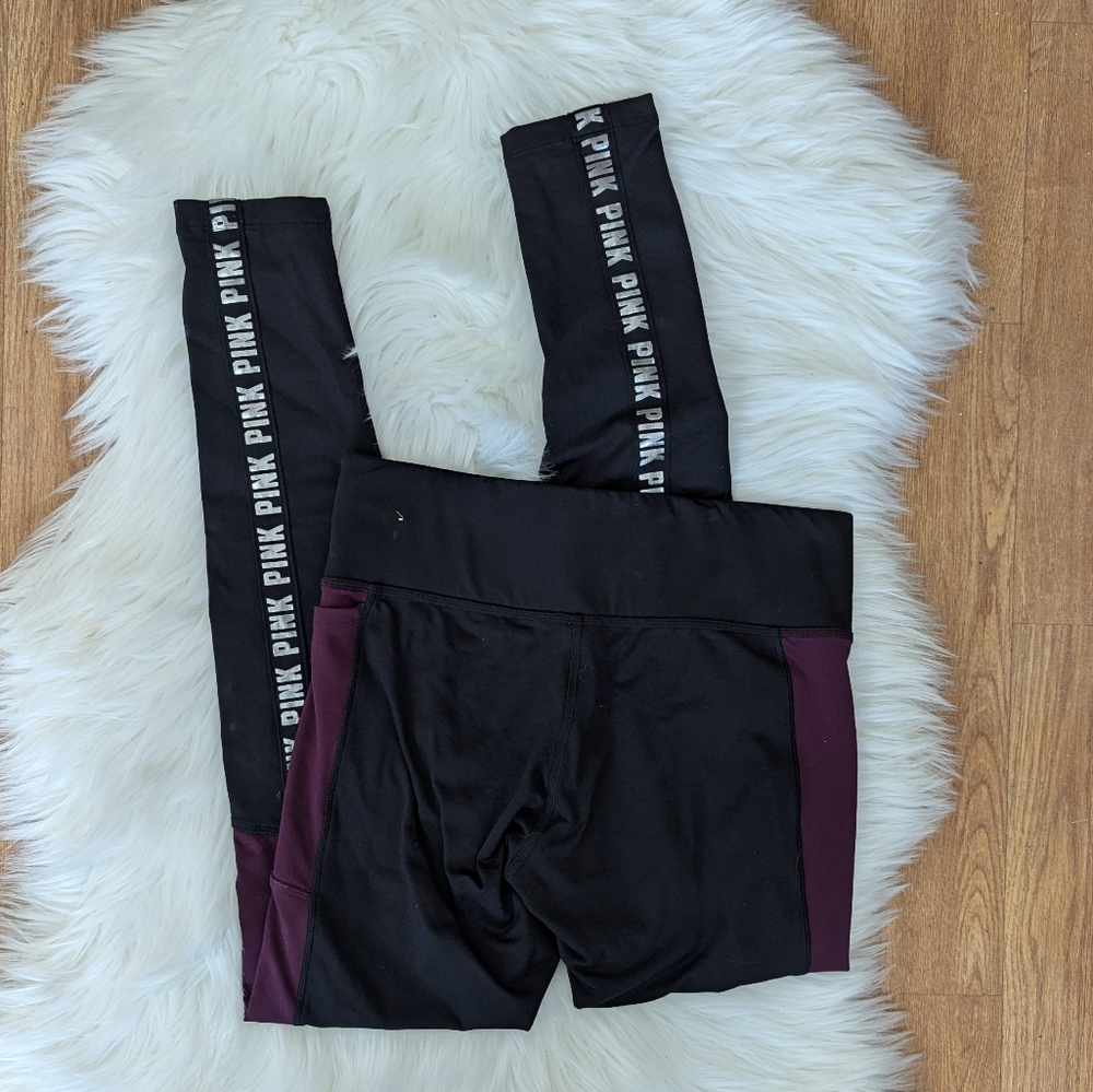 PINK Victoria's Secret Cozy Leggings Maroon And Black With Silver Print - Picture 2 of 2